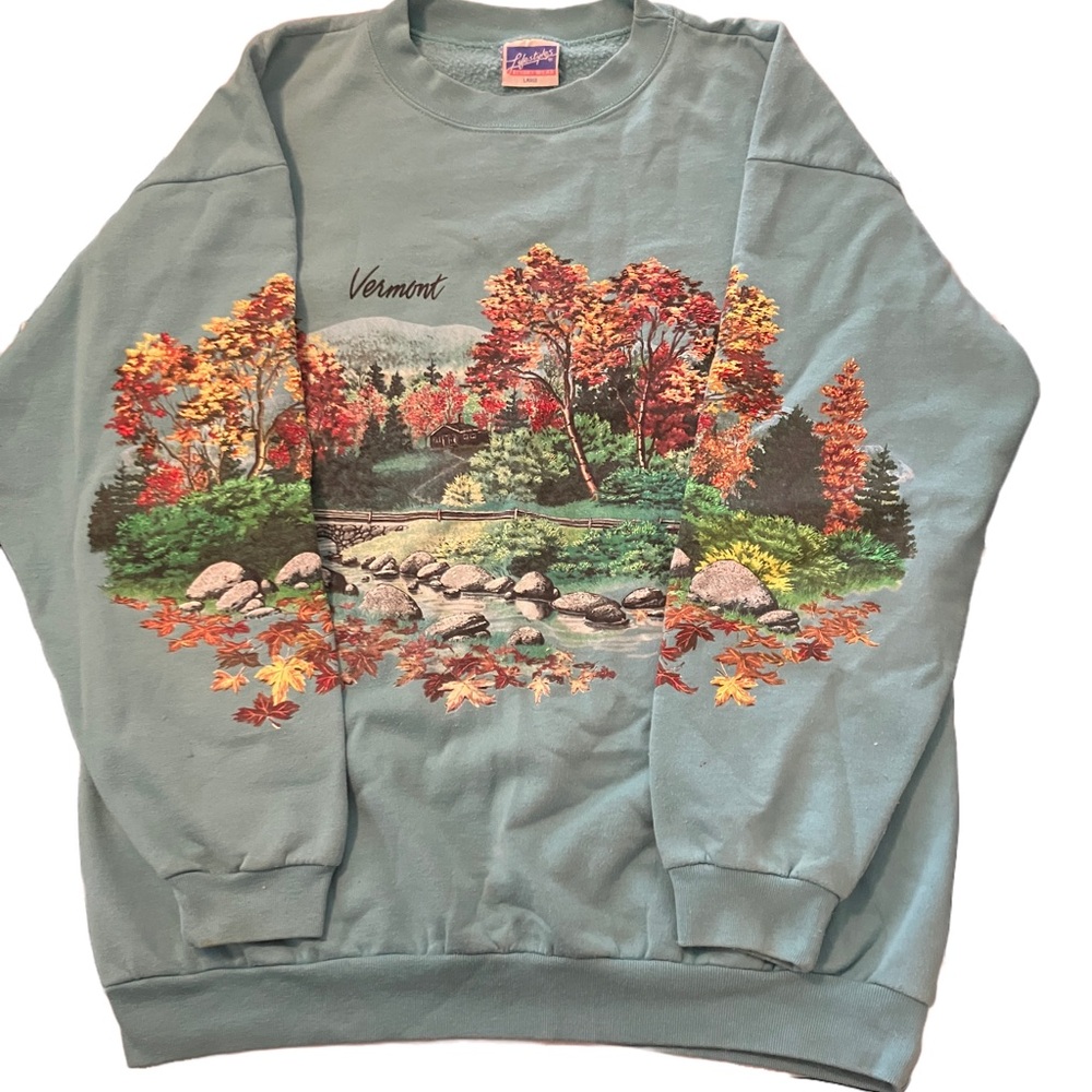 Vintage Vermont Sweatshirt Fall Scene Womens Size L Front and Back Print Blue